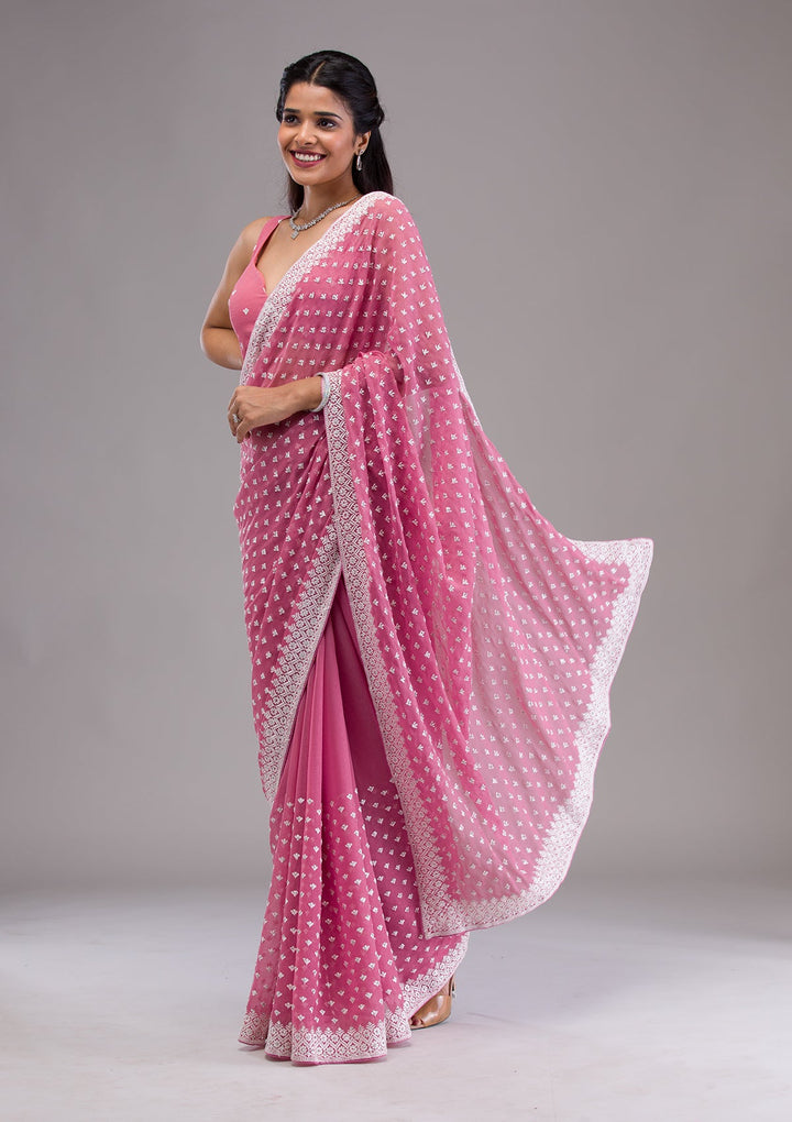 Onion Pink Threadwork Georgette Saree-Koskii
