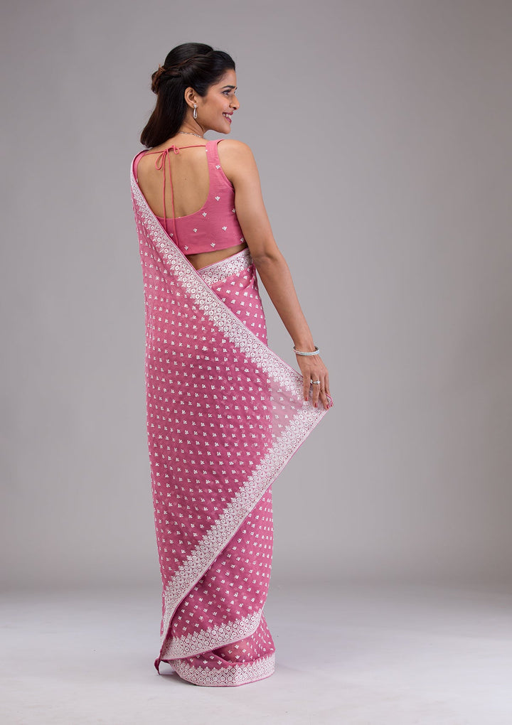 Onion Pink Threadwork Georgette Saree-Koskii