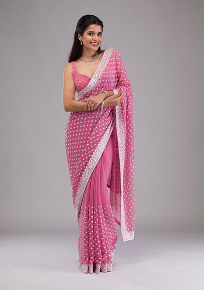 Onion Pink Threadwork Georgette Saree-Koskii