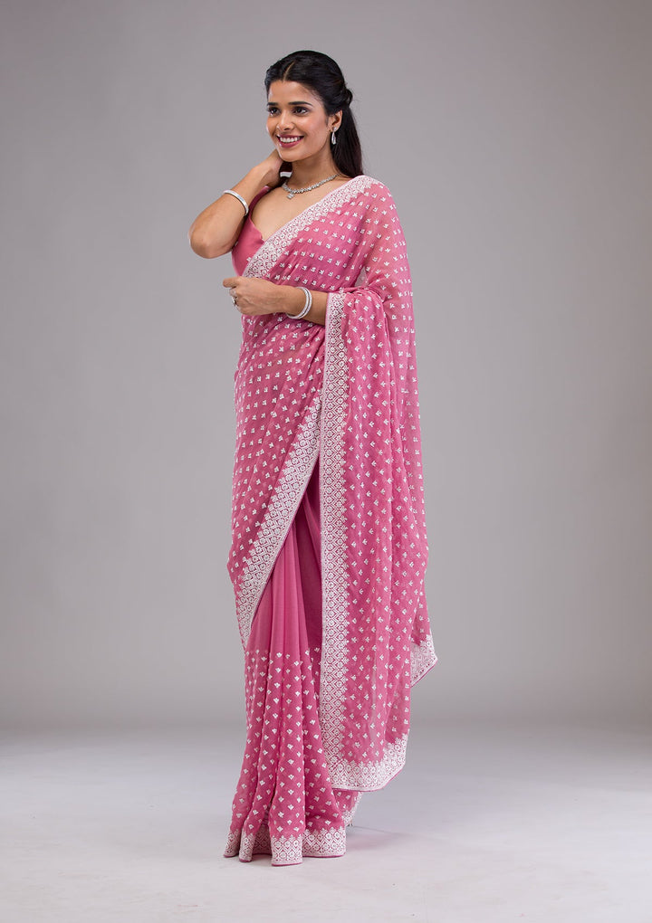 Onion Pink Threadwork Georgette Saree-Koskii