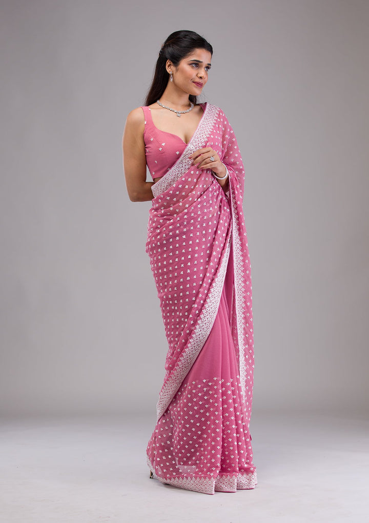 Onion Pink Threadwork Georgette Saree-Koskii