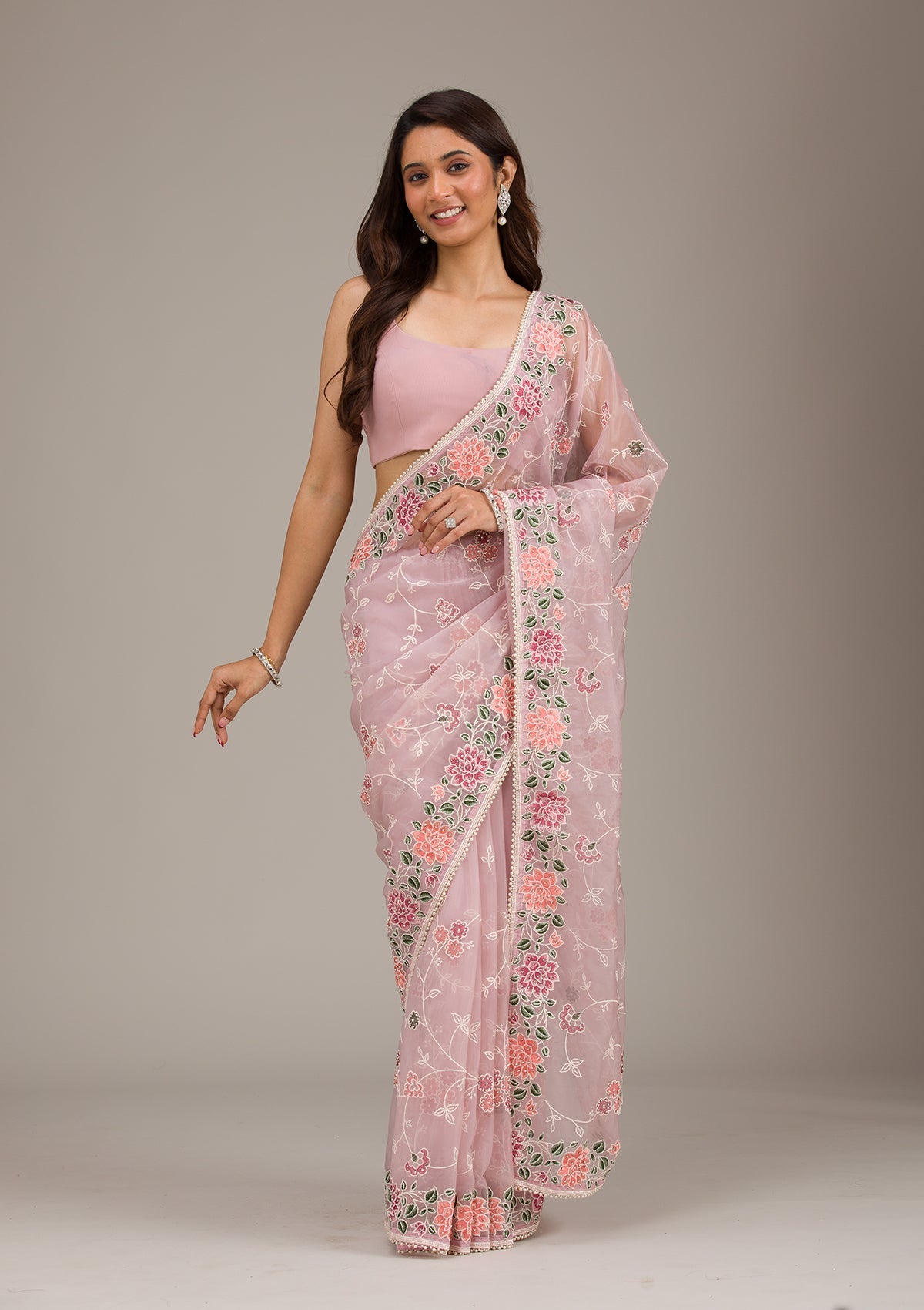 Onion Pink Threadwork Organza Saree-Koskii