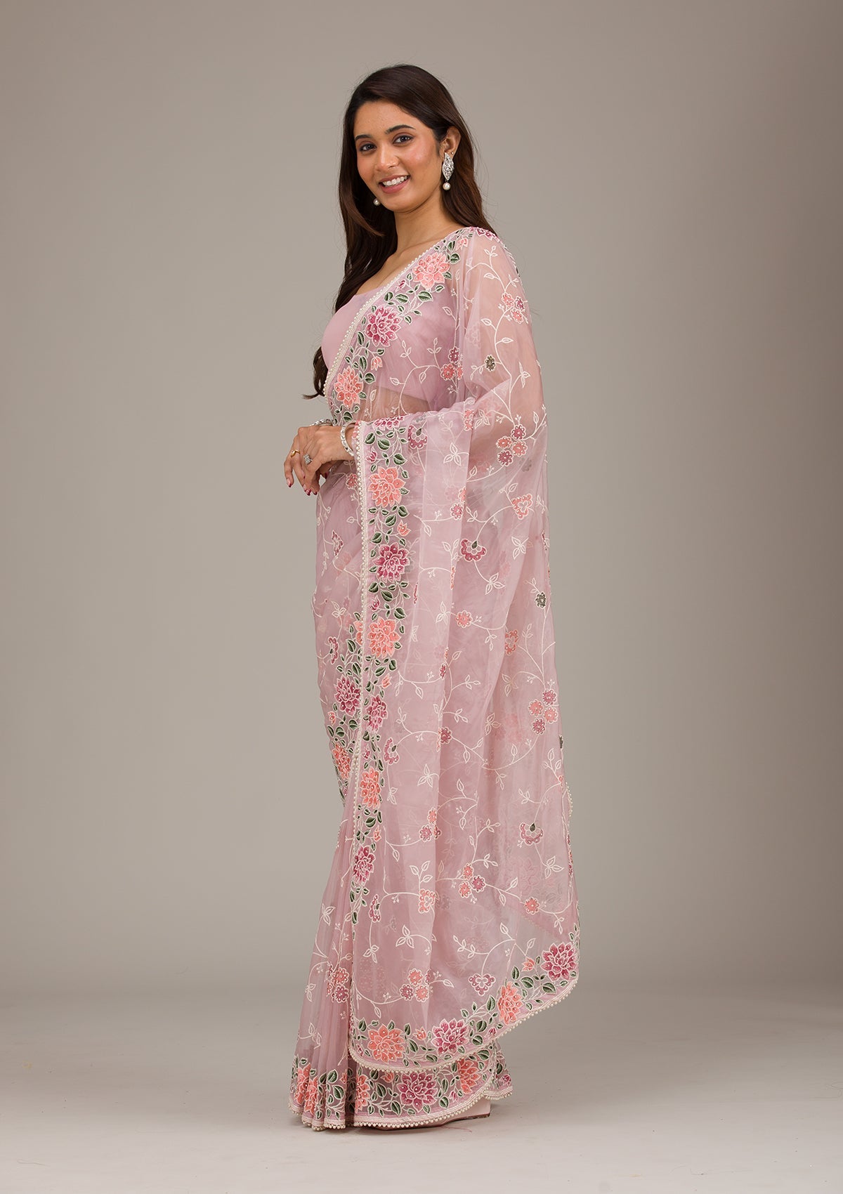 Onion Pink Threadwork Organza Saree-Koskii