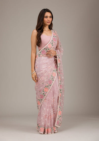 Onion Pink Threadwork Organza Saree-Koskii