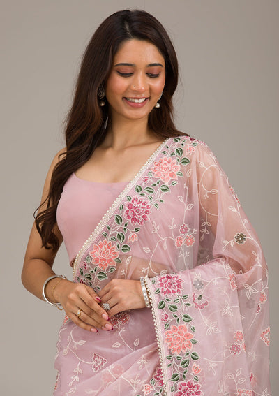 Onion Pink Threadwork Organza Saree-Koskii