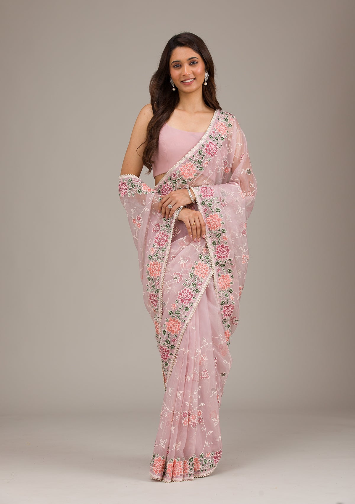 Onion Pink Threadwork Organza Saree-Koskii