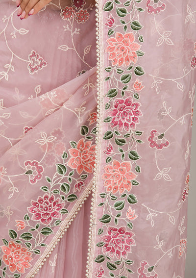 Onion Pink Threadwork Organza Saree-Koskii