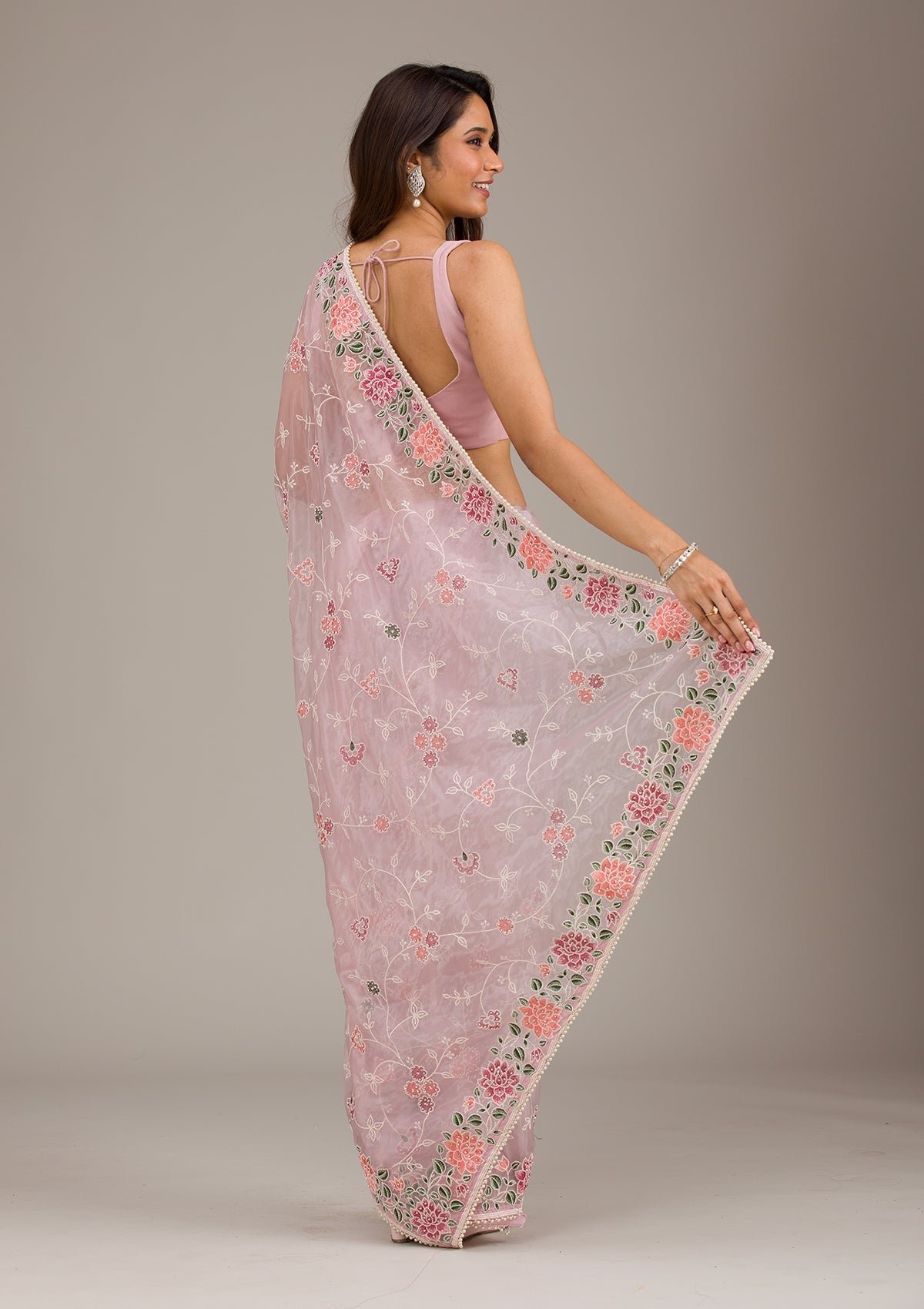 Onion Pink Threadwork Organza Saree-Koskii