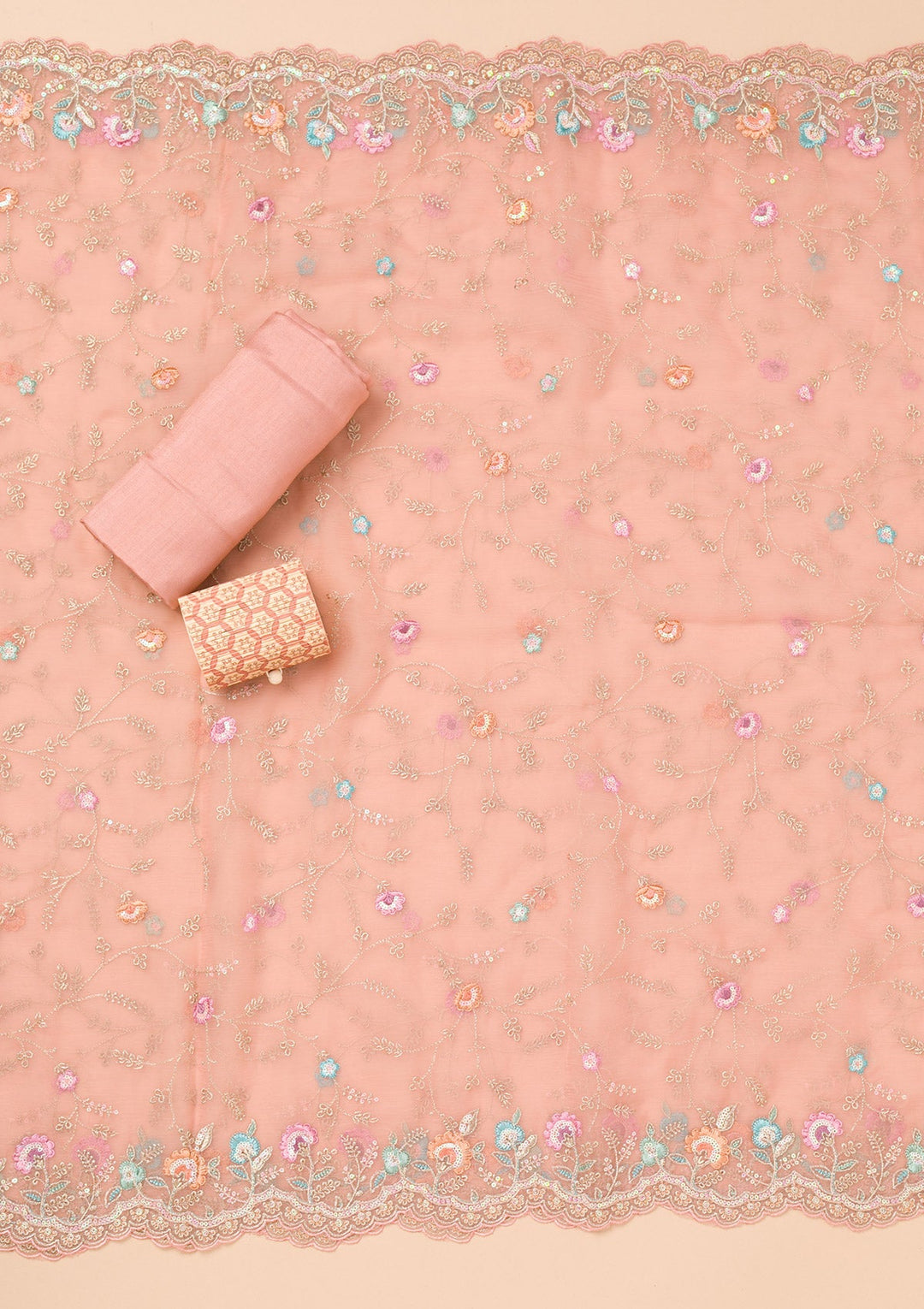 Onion Pink Threadwork Organza Unstitched Salwar Suit-Koskii