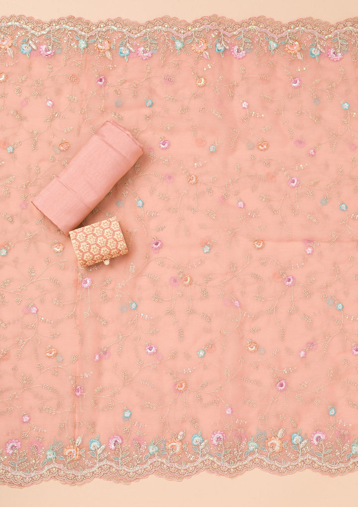 Onion Pink Threadwork Organza Unstitched Salwar Suit-Koskii
