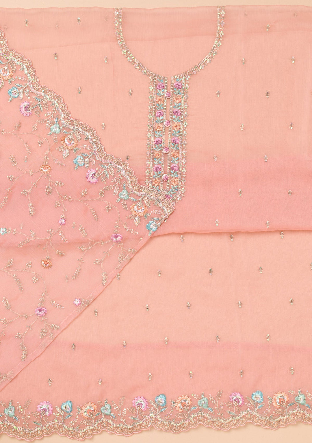 Onion Pink Threadwork Organza Unstitched Salwar Suit-Koskii