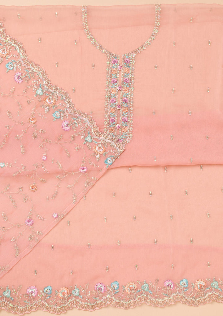 Onion Pink Threadwork Organza Unstitched Salwar Suit-Koskii