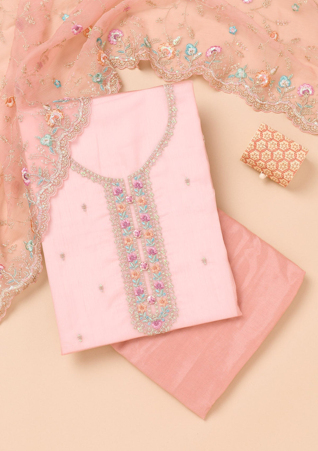 Onion Pink Threadwork Organza Unstitched Salwar Suit-Koskii