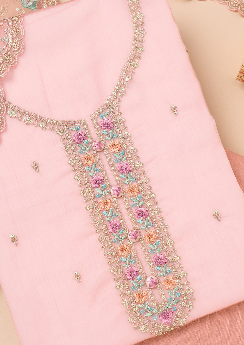 Onion Pink Threadwork Organza Unstitched Salwar Suit-Koskii