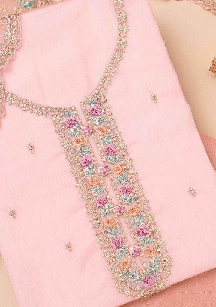 Onion Pink Threadwork Organza Unstitched Salwar Suit-Koskii