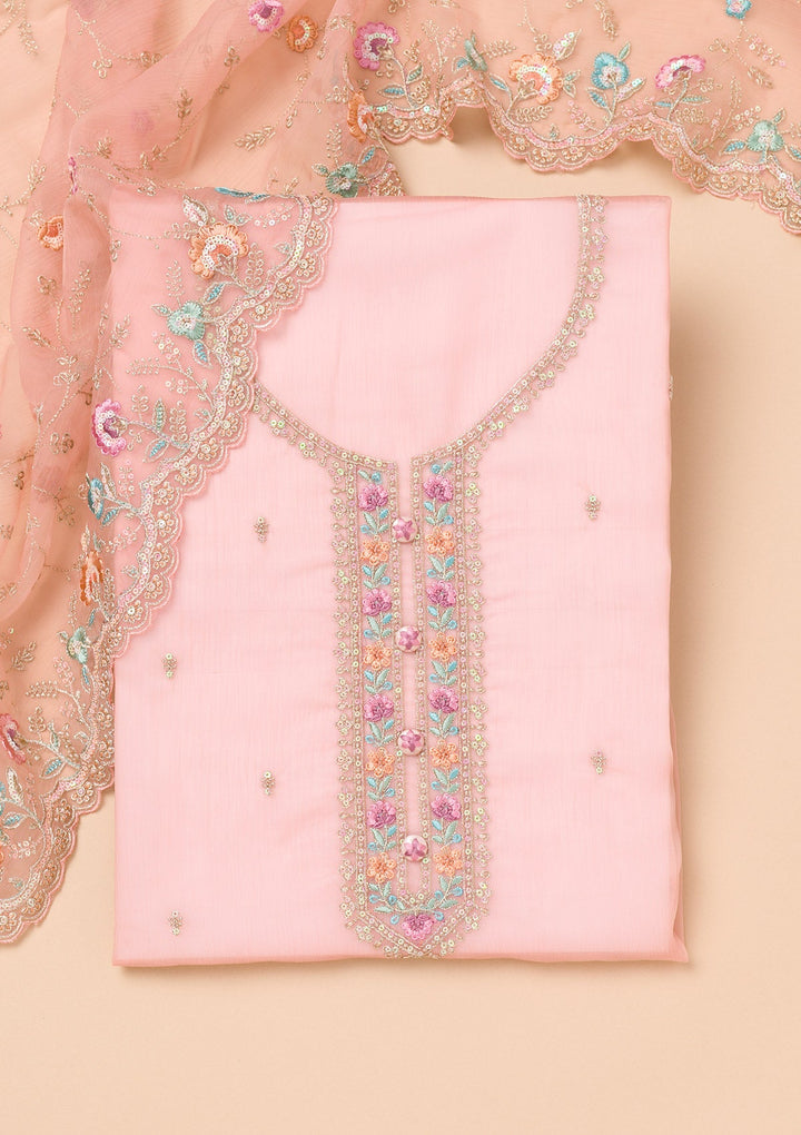 Onion Pink Threadwork Organza Unstitched Salwar Suit-Koskii