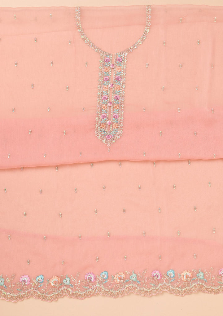 Onion Pink Threadwork Organza Unstitched Salwar Suit-Koskii