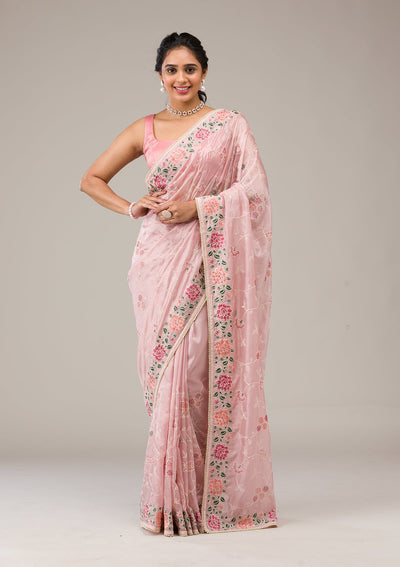 Onion Pink Threadwork Organza Saree-Koskii