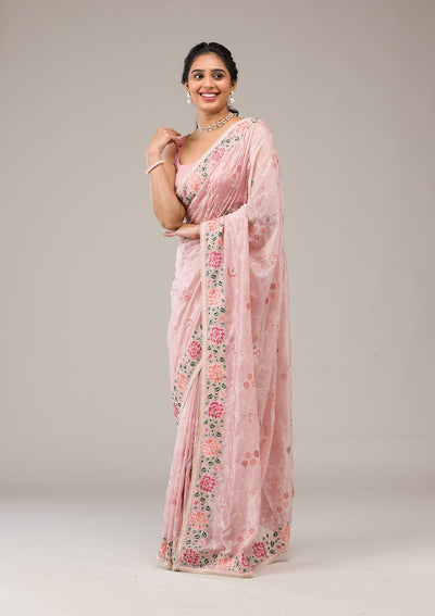 Onion Pink Threadwork Organza Saree-Koskii