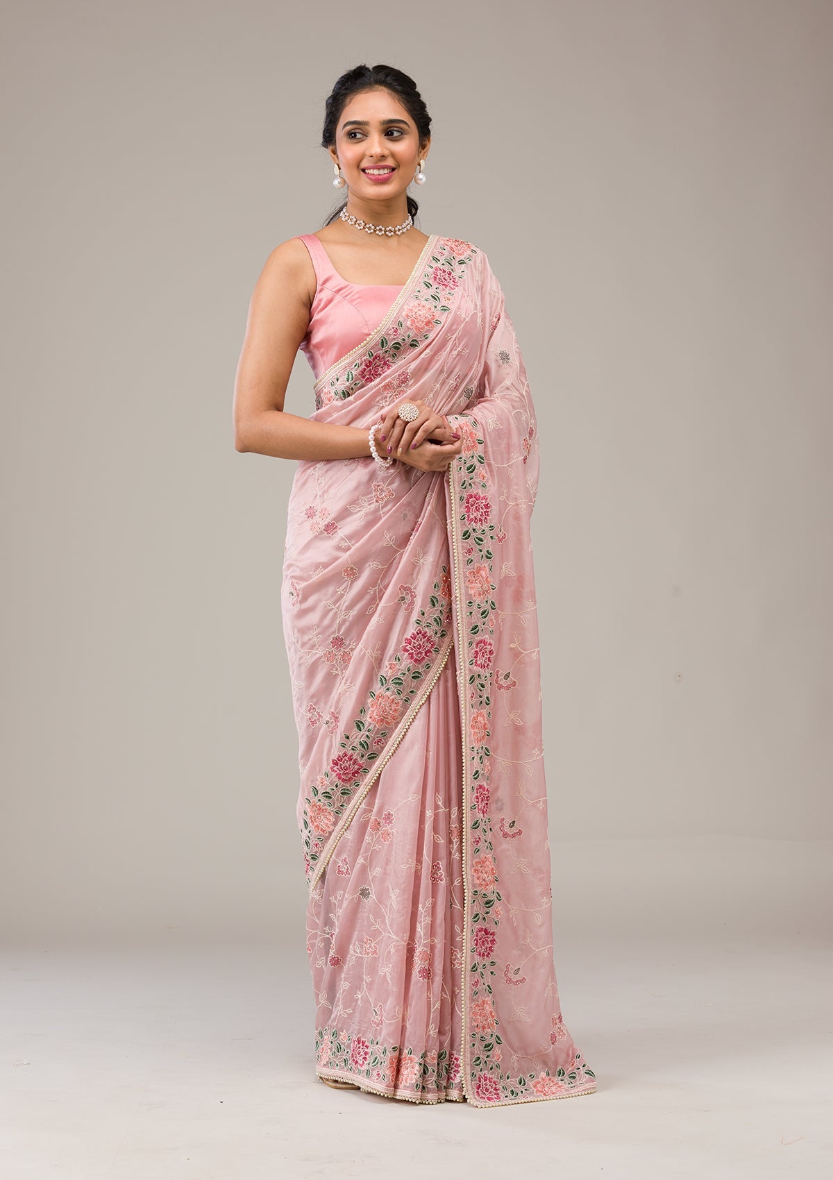 Onion Pink Threadwork Organza Saree-Koskii