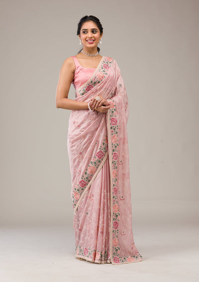 Onion Pink Threadwork Organza Saree-Koskii