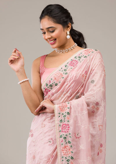 Onion Pink Threadwork Organza Saree-Koskii