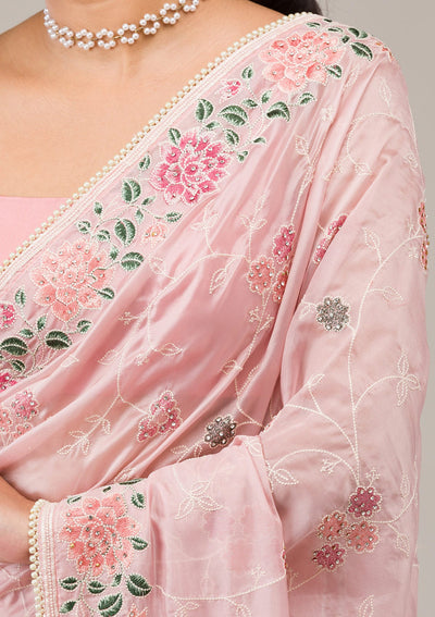 Onion Pink Threadwork Organza Saree-Koskii