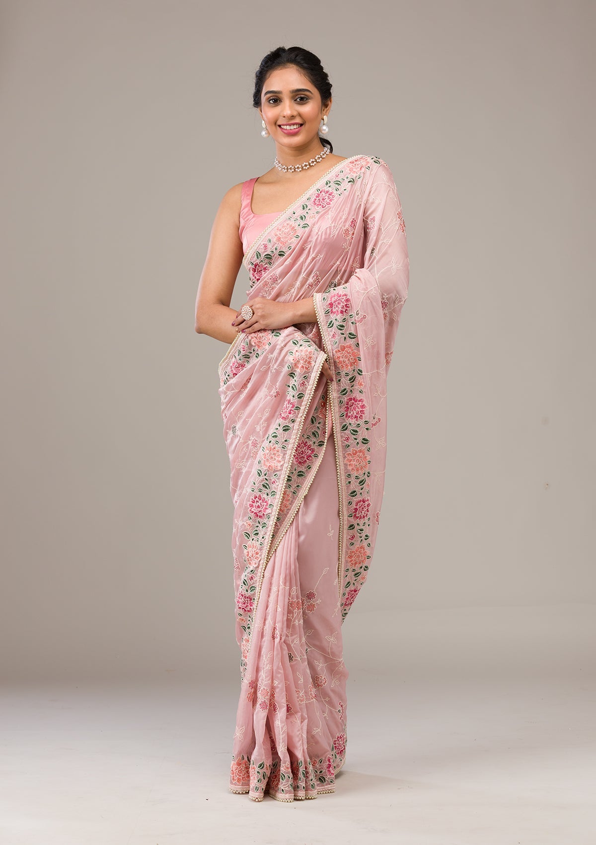 Onion Pink Threadwork Organza Saree-Koskii