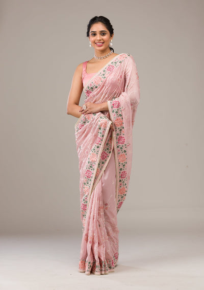 Onion Pink Threadwork Organza Saree-Koskii