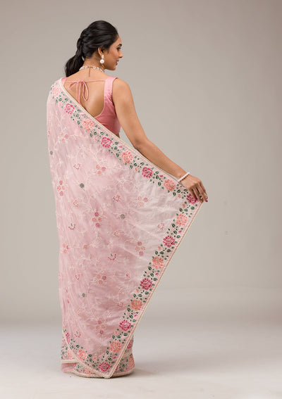 Onion Pink Threadwork Organza Saree-Koskii