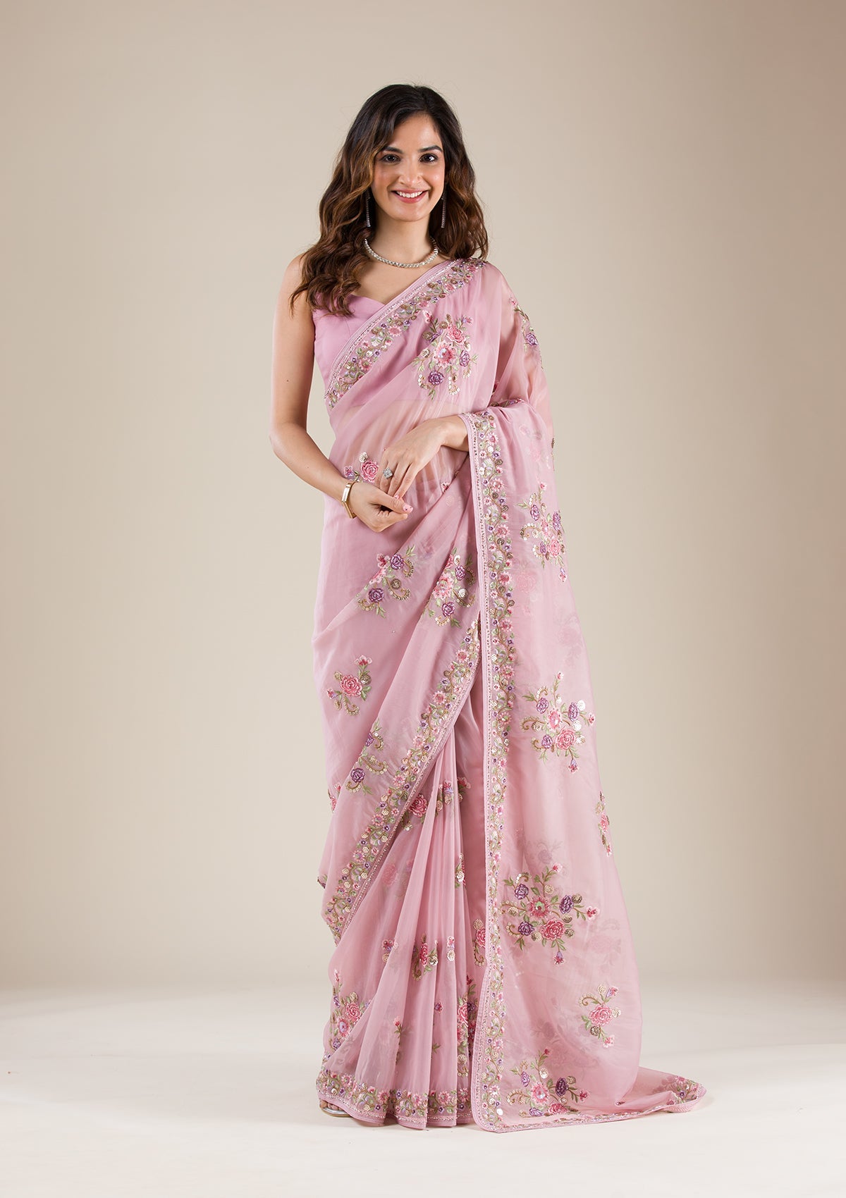 Onion Pink Threadwork Organza Saree-Koskii