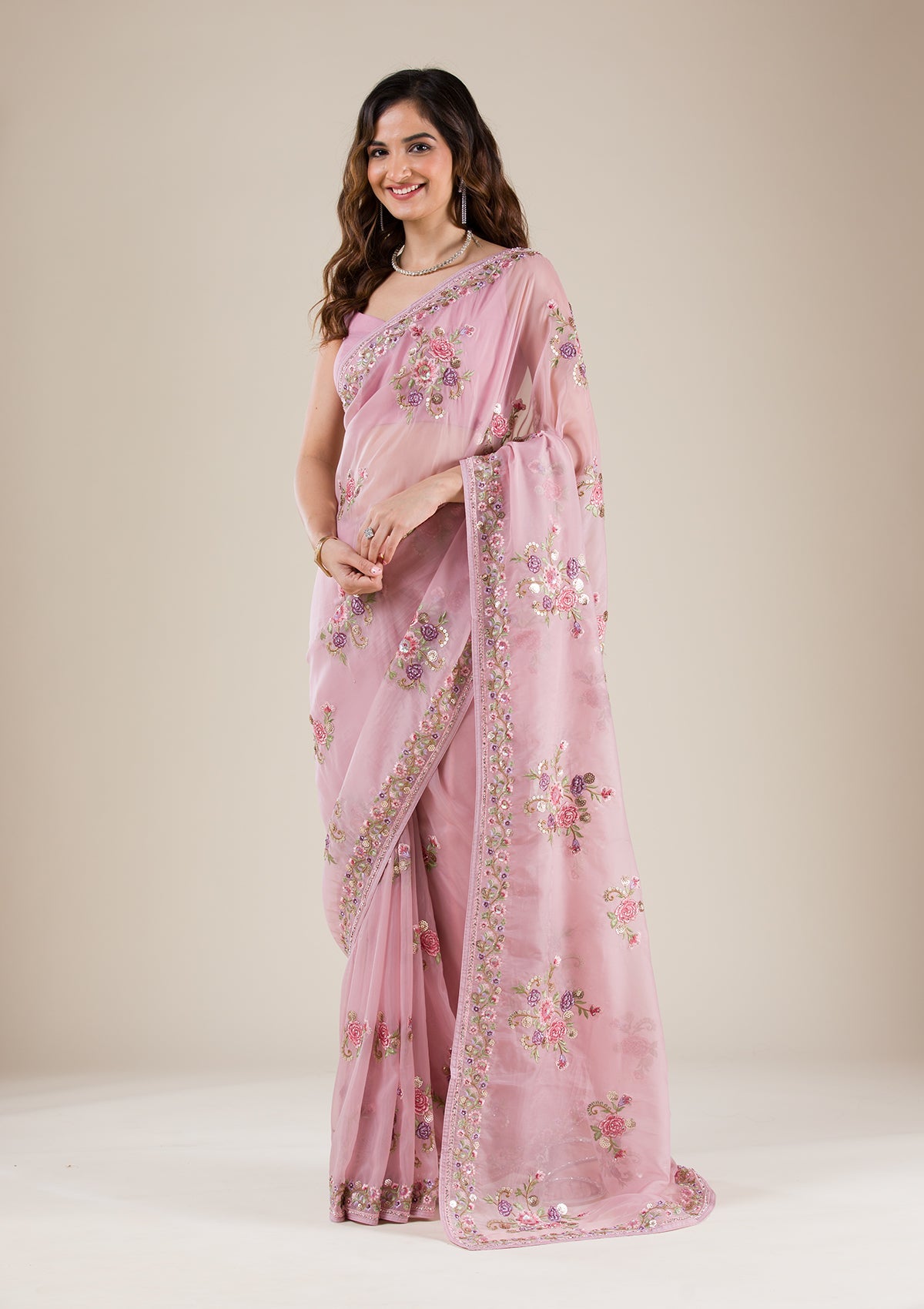 Onion Pink Threadwork Organza Saree-Koskii