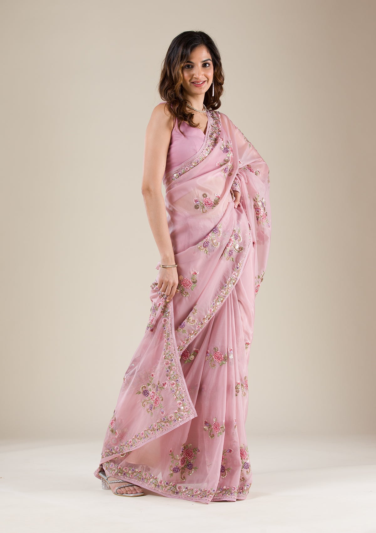 Onion Pink Threadwork Organza Saree-Koskii