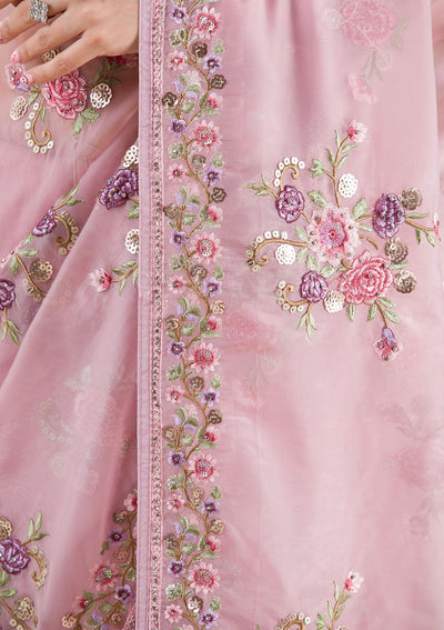 Onion Pink Threadwork Organza Saree-Koskii