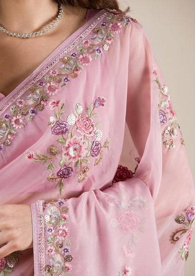 Onion Pink Threadwork Organza Saree-Koskii