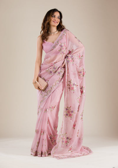 Onion Pink Threadwork Organza Saree-Koskii