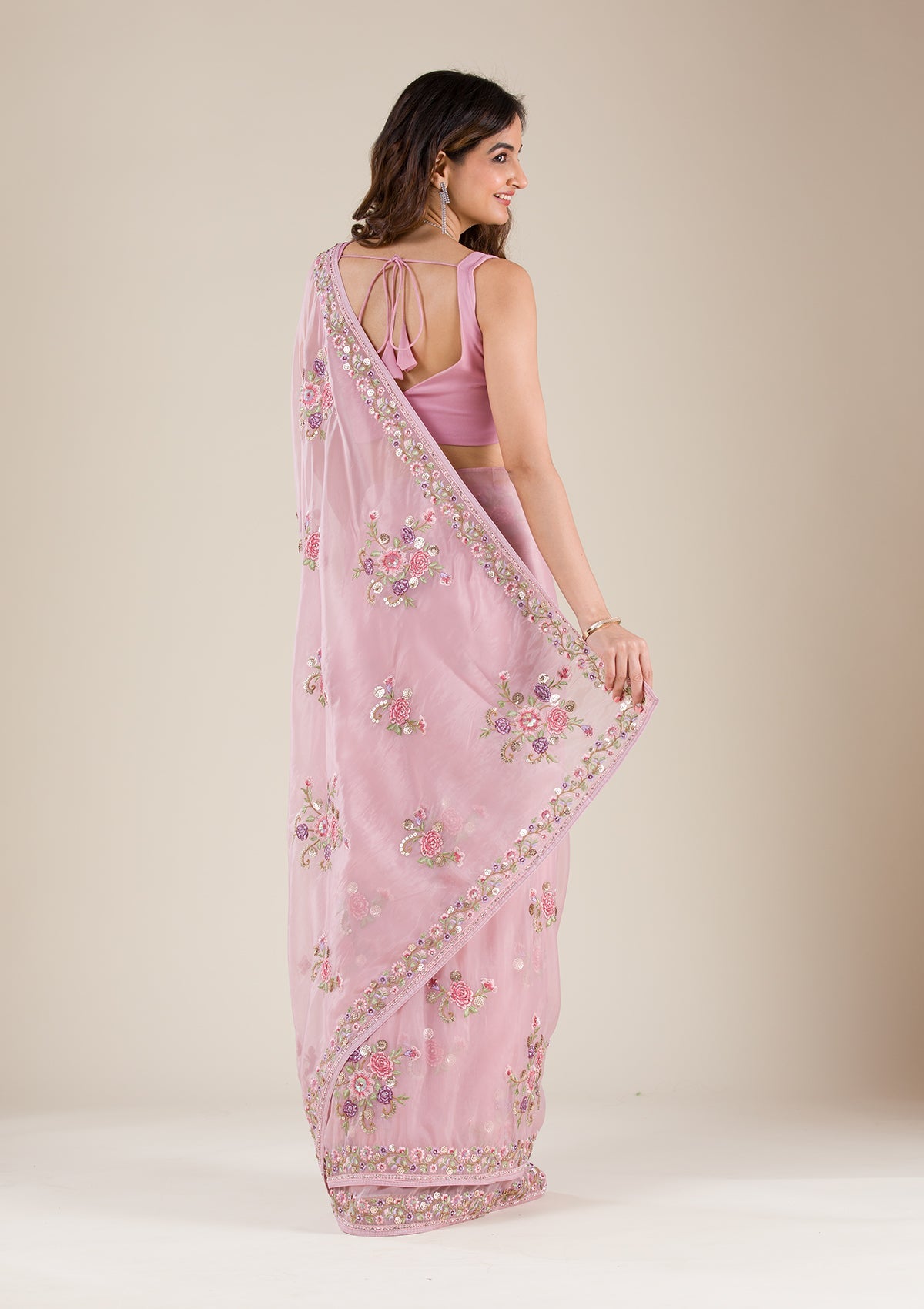 Onion Pink Threadwork Organza Saree-Koskii