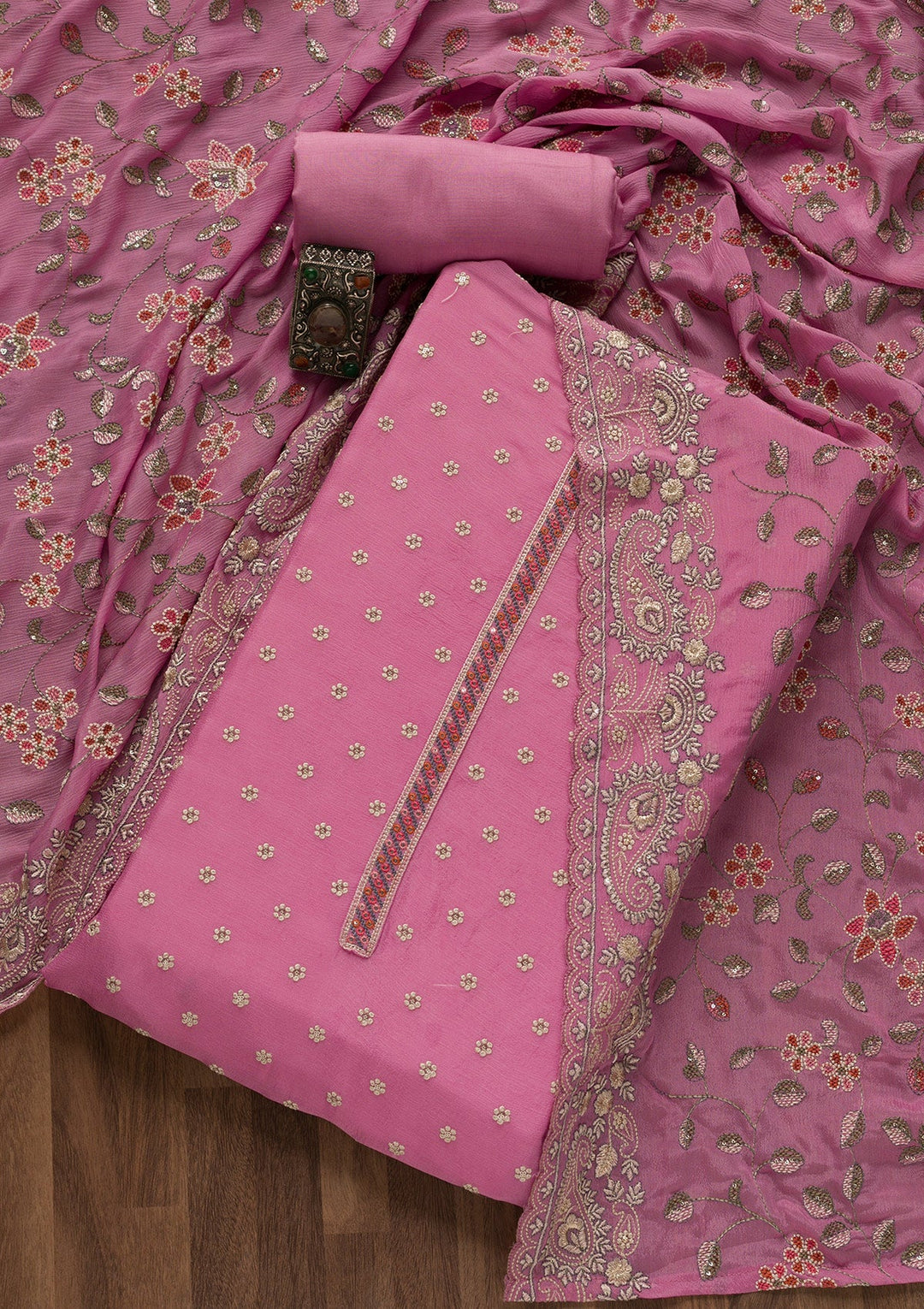 Onion Pink Threadwork Semi Crepe Unstitched Salwar Suit-Koskii