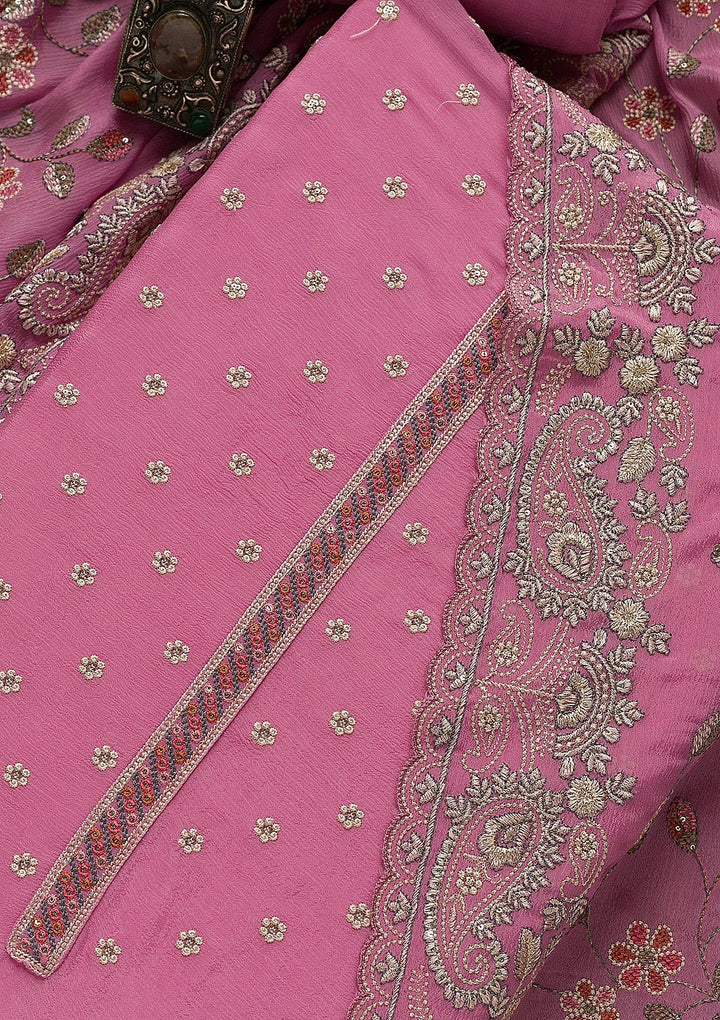 Onion Pink Threadwork Semi Crepe Unstitched Salwar Suit-Koskii