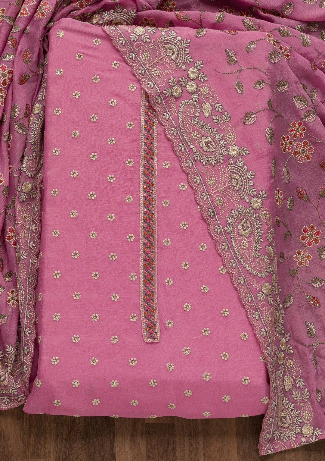 Onion Pink Threadwork Semi Crepe Unstitched Salwar Suit-Koskii