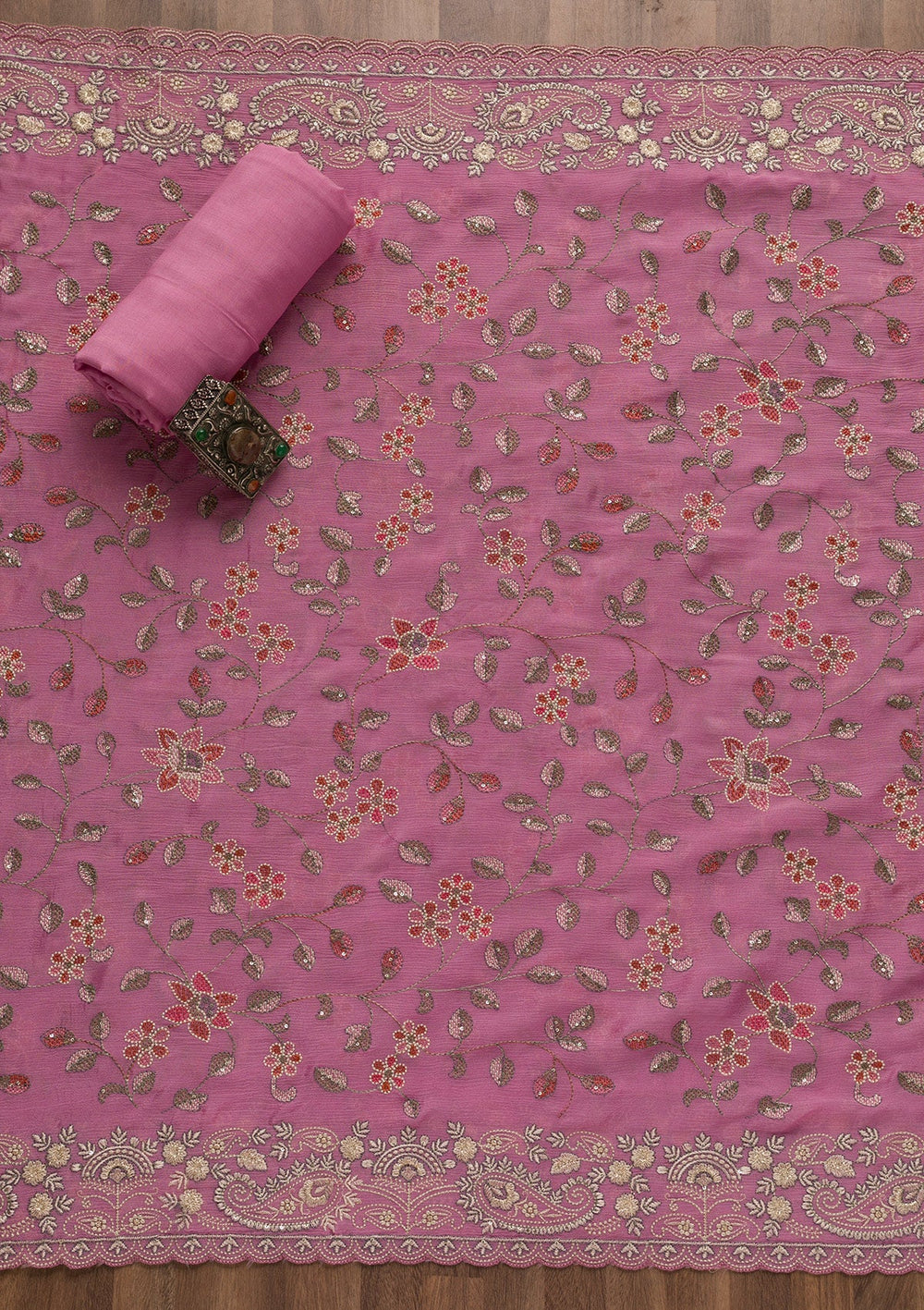 Onion Pink Threadwork Semi Crepe Unstitched Salwar Suit-Koskii