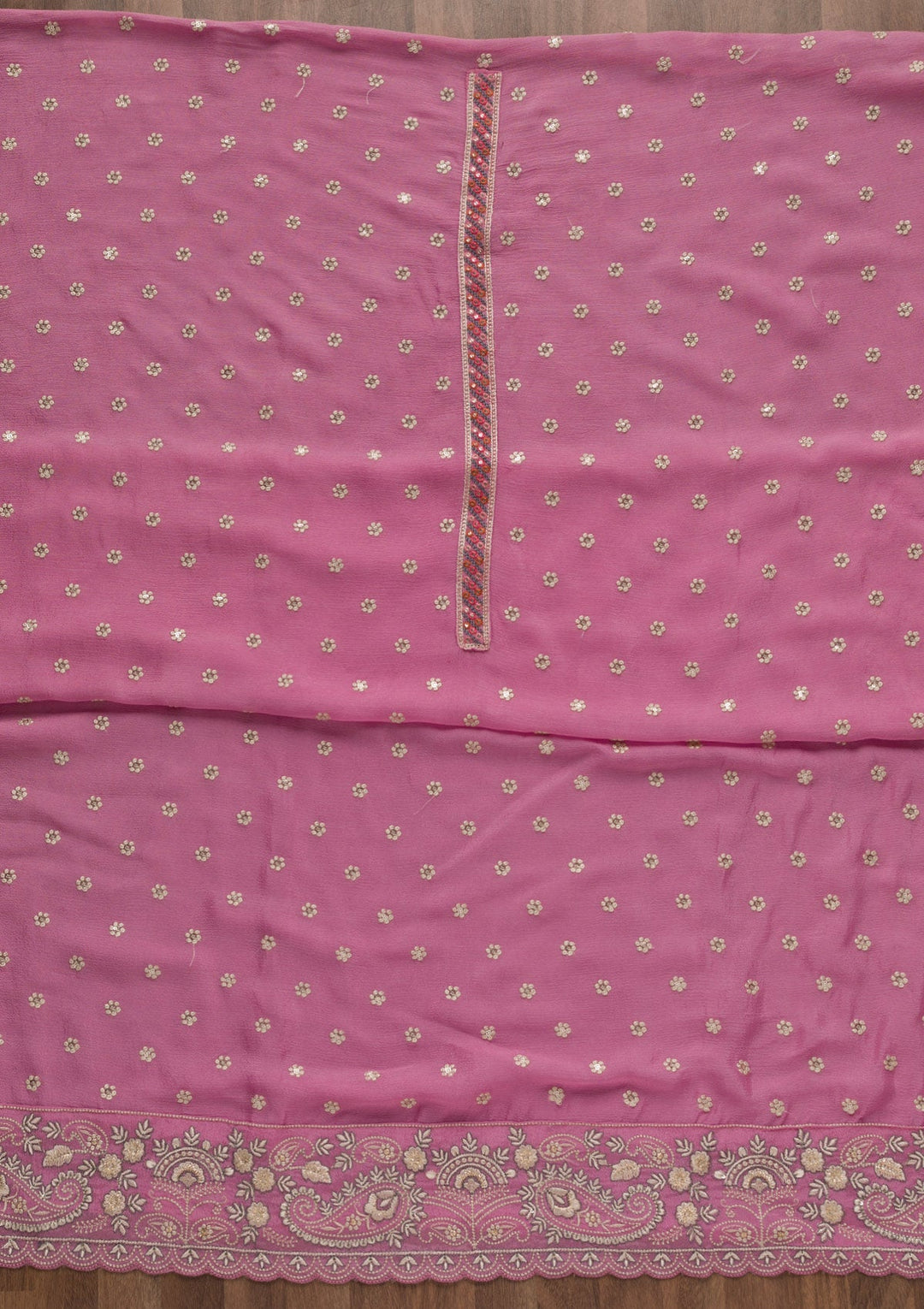 Onion Pink Threadwork Semi Crepe Unstitched Salwar Suit-Koskii