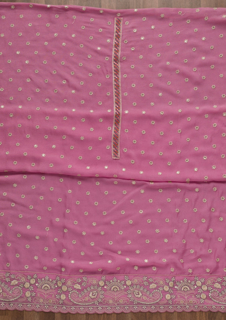 Onion Pink Threadwork Semi Crepe Unstitched Salwar Suit-Koskii