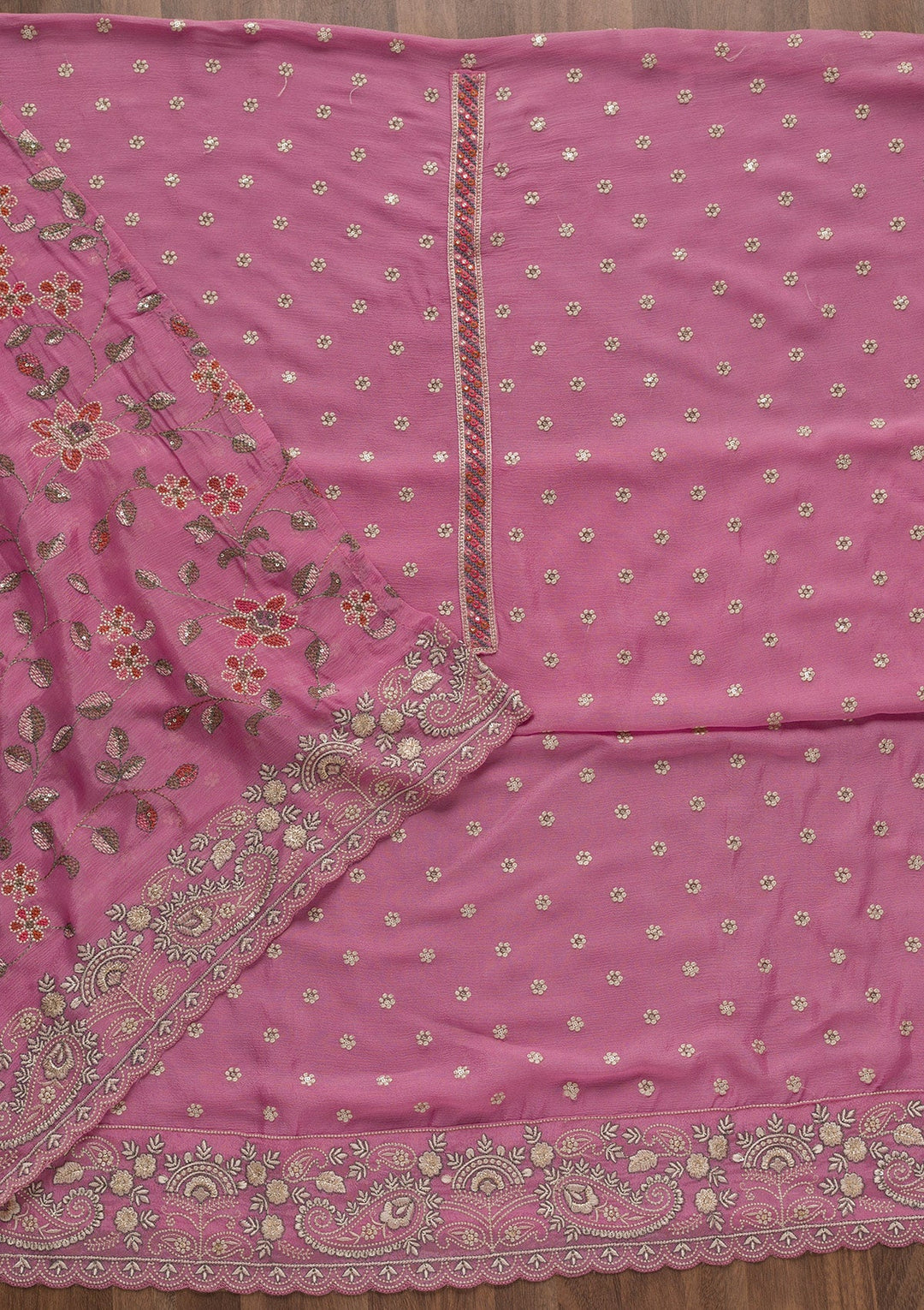 Onion Pink Threadwork Semi Crepe Unstitched Salwar Suit-Koskii