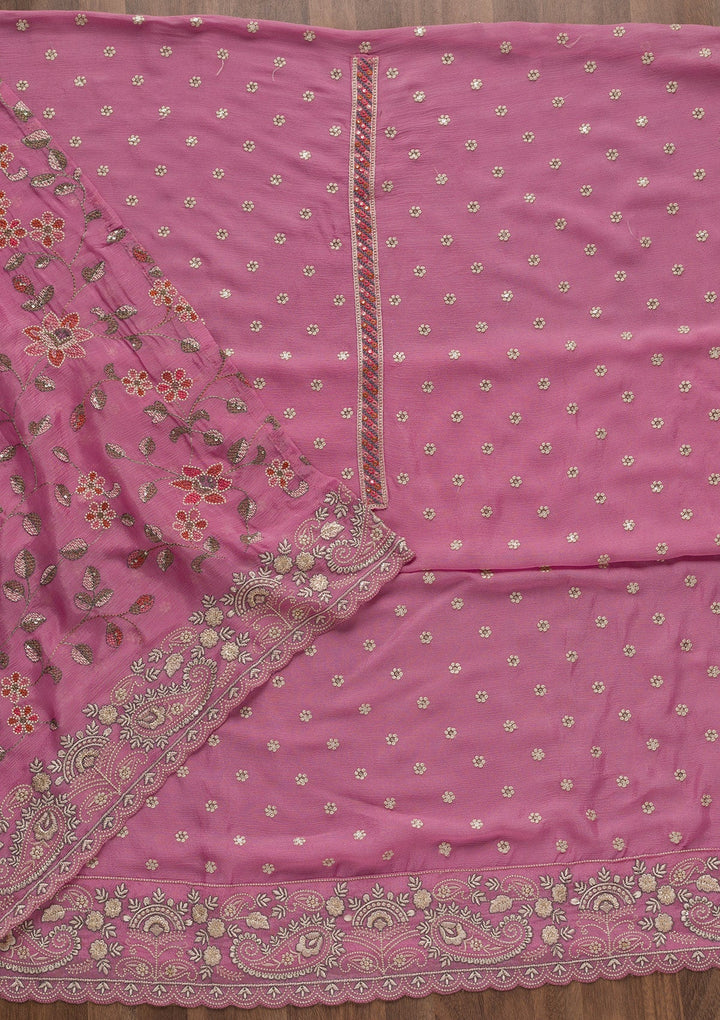 Onion Pink Threadwork Semi Crepe Unstitched Salwar Suit-Koskii