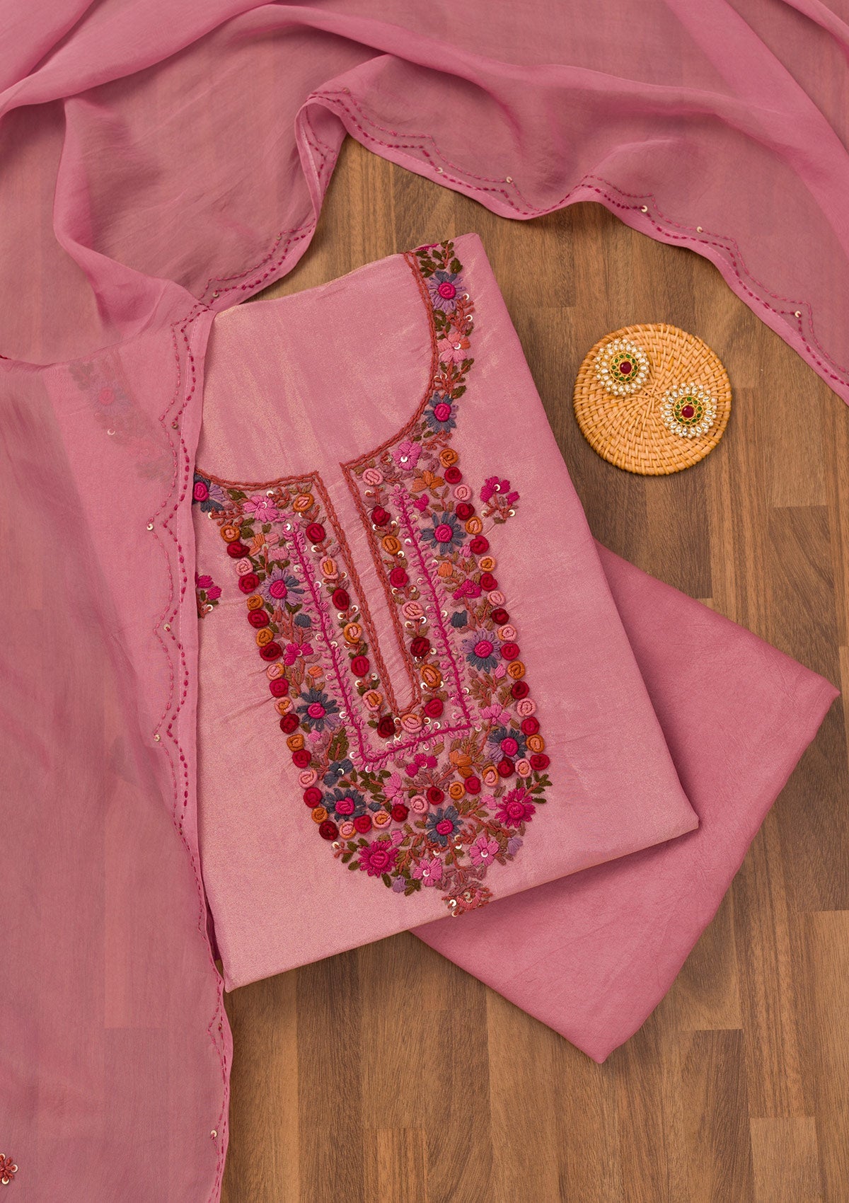 Onion Pink Threadwork Semi Crepe Unstitched Salwar Suit-Koskii