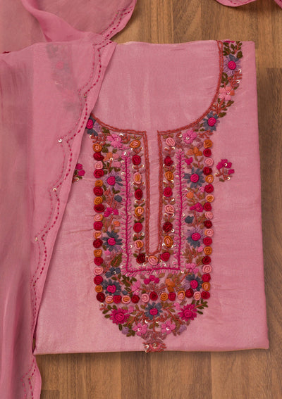 Onion Pink Threadwork Semi Crepe Unstitched Salwar Suit-Koskii