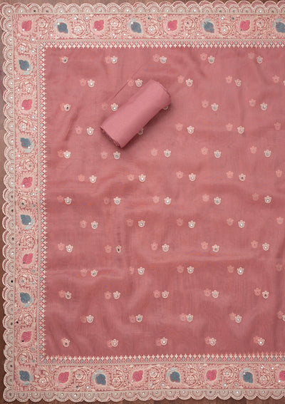 Onion Pink Threadwork Semi Crepe Unstitched Salwar Suit-Koskii