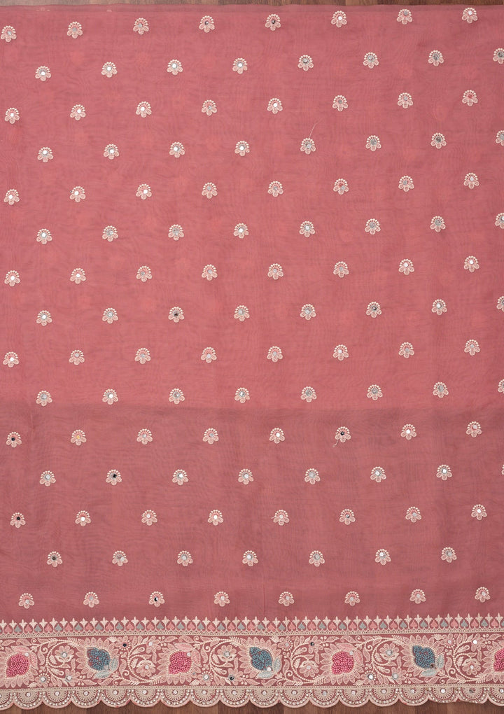 Onion Pink Threadwork Semi Crepe Unstitched Salwar Suit-Koskii