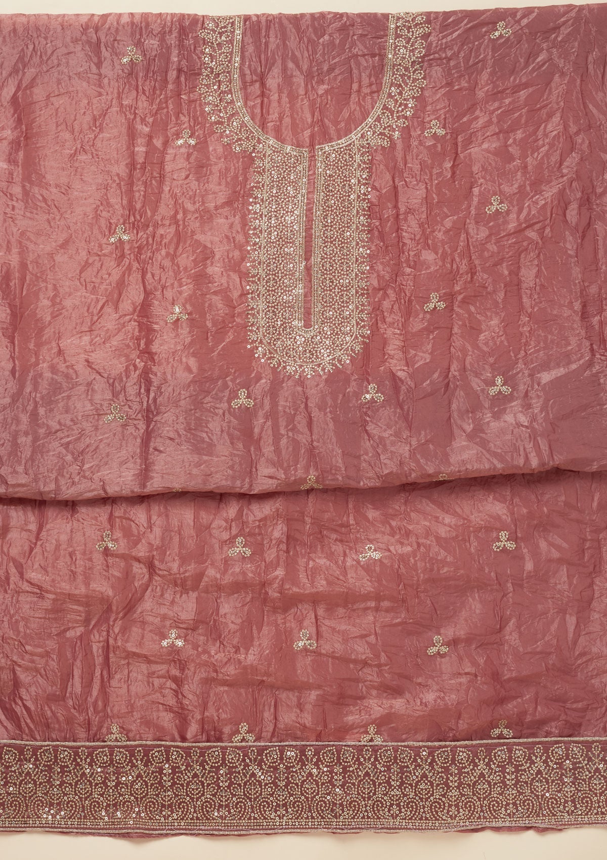 Onion Pink Threadwork Semi Crepe Unstitched Salwar Suit-Koskii